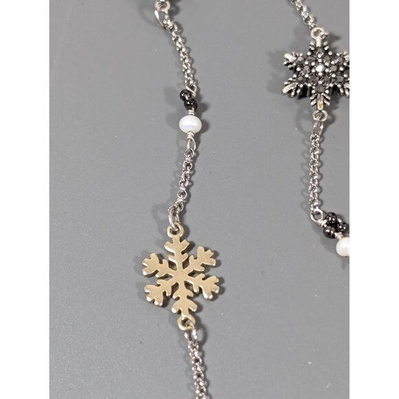 Gray Rhinestone Two Tone Snowflake Station Chain Necklace Pearl Christmas Holida - Picture 7 of 8